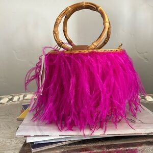 Chic Serpui Fuchsia Feathered Mini Bag with Bamboo Handle